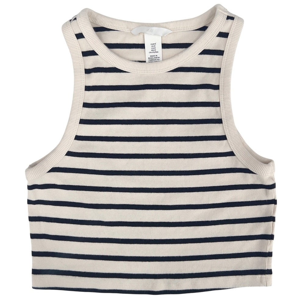 H&M Womens Cropped Tank Top Ribbed Cream Black Stripe Racerback Size M